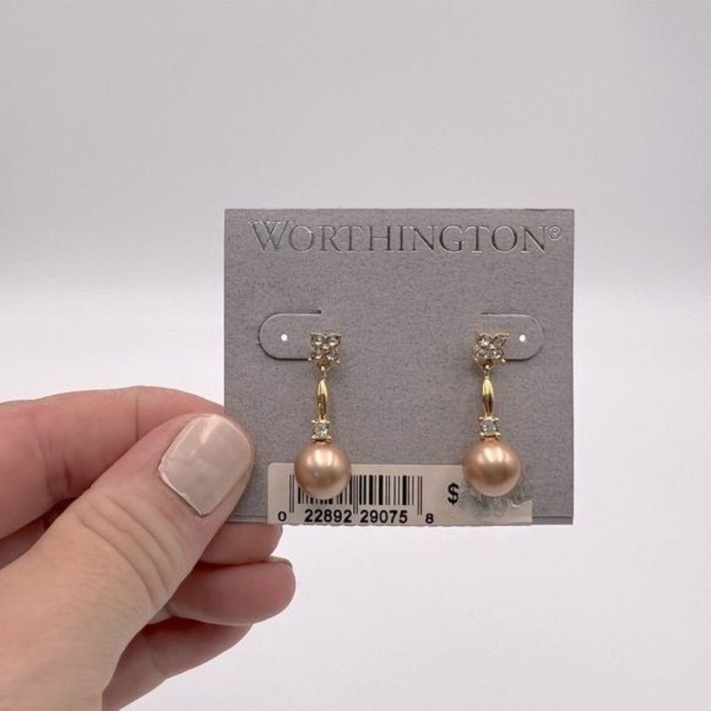 Bronze tone pearl drop earrings with flower rhinestone
